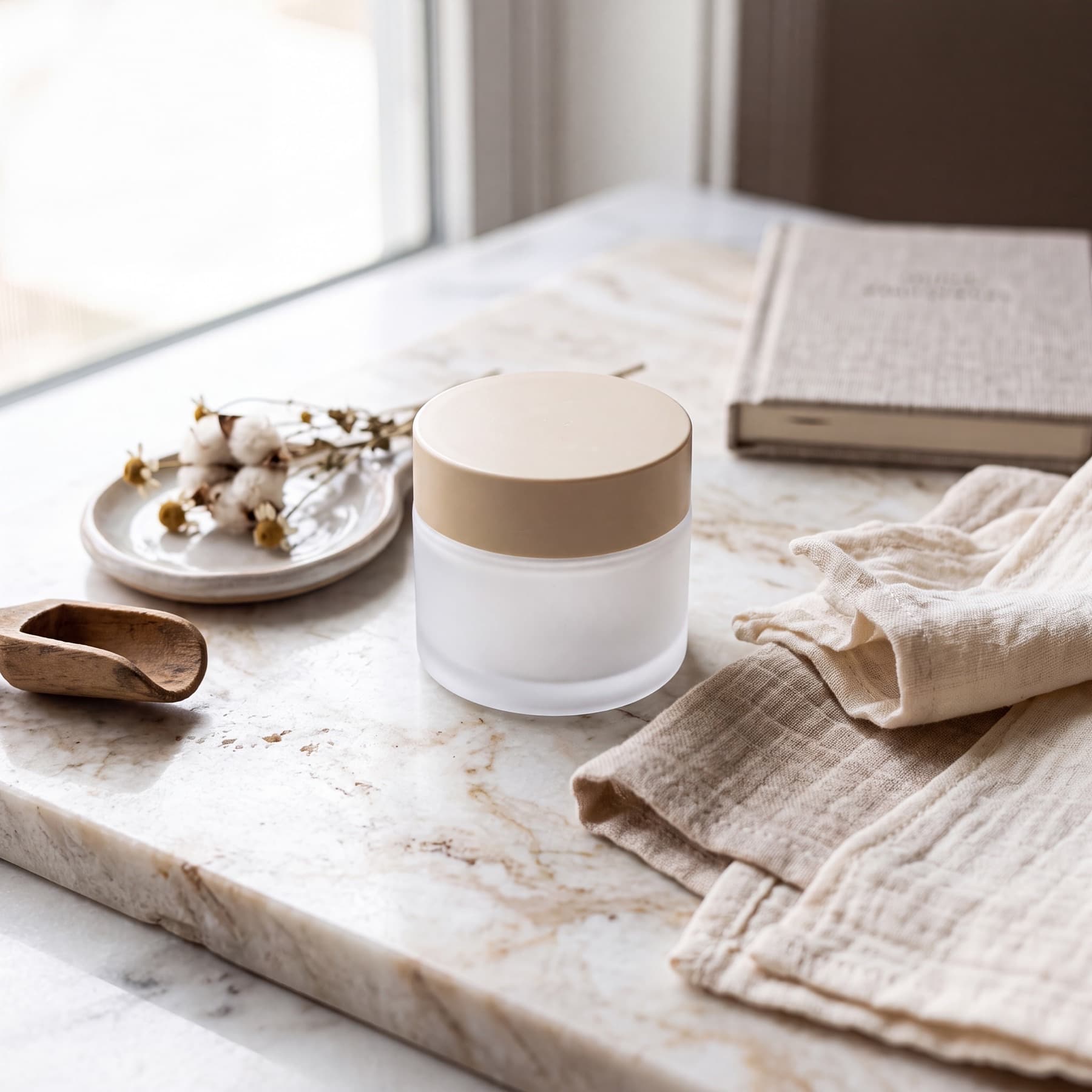 A skincare jar shot on a kitchen counter with a phone, and the same product styled on a marble shelf